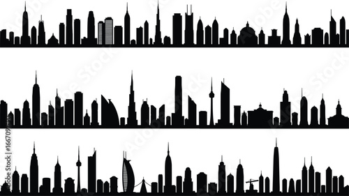 Modern global city skyline silhouette vector set, featuring iconic urban landmarks, architectural skyline outlines, famous buildings, and cityscapes for graphic design.
