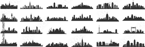 Collection of famous city skyline silhouettes, modern urban architecture vector, landmark buildings, black cityscapes bundle for graphic design and illustration projects.