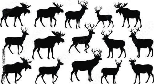 Silhouettes of moose and deer in standing and walking poses, isolated vector wildlife illustration, perfect for nature, hunting, and outdoor design themes.