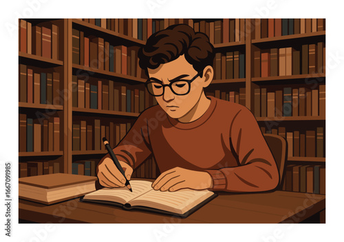 Young caucasian male studying in library surrounded by books