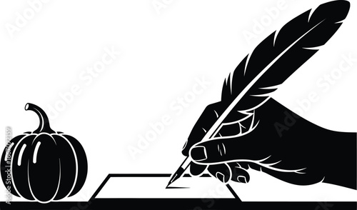 Thanksgiving gratitude cards vector art of thanksgiving pumpkin and feather pen, hand writing a festive autumn greeting card vector