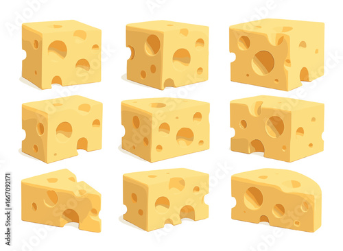 Nine swiss cheese blocks with holes on a gradient background