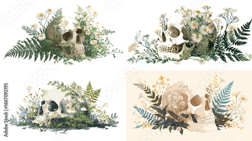 Watercolor skull illustrations surrounded by wildflowers, ferns, and greenery, combining nature and gothic elements for unique botanical artwork.