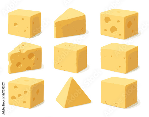 Assorted cheese varieties in geometric shapes on yellow background