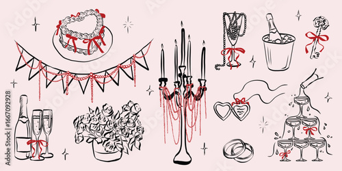 Hand drawn coquette wedding elements. Vintage cute symbols with ribbon and bow in simple crayon sketch style. Trendy art for Valentine day and bachelorette invitations. Festive vector illustration