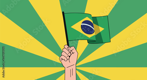 Hand holding a waving flag of brazil with green and yellow background on transparent background