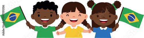 Three cartoon children holding brazilian flags on transparent background