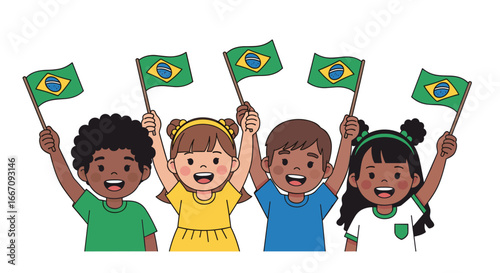 Group of children holding brazilian flags on transparent background