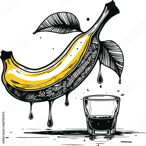 Banana fruit doodle, juice dripping into glass, quirky experimental line art style, bold expressive strokes, black and white vector illustration 3