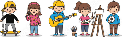 PrintCartoon children enjoying diverse hobbies and activities including skateboarding, singing, guitar playing, painting, and soccer in colorful fun educational vector