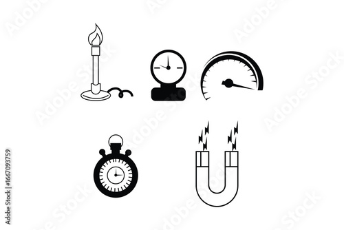 Science Equipment Icons Bunsen Burner, Gauge, Speedometer, Stopwatch, and Magnet