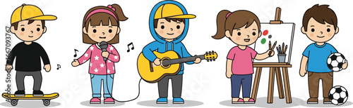 PrintCartoon children enjoying skateboarding, singing, guitar playing, painting, and soccer, representing diverse hobbies, creativity, physical activity, and fun lifestyle illustration