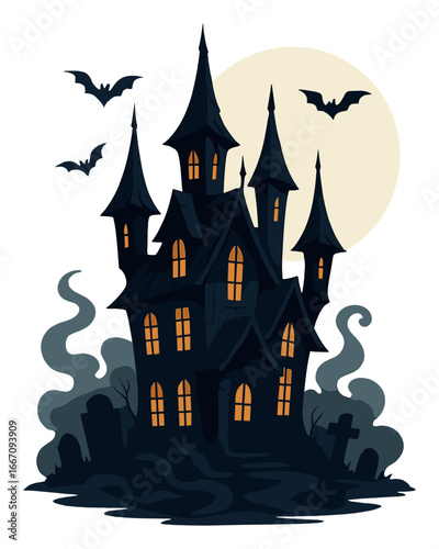 Spooky haunted house with bats and full moon in cemetery night scene