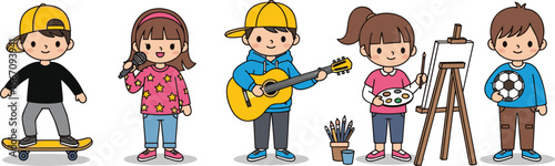 PrintCartoon children enjoying various hobbies including skateboarding, music, painting, and sports, promoting creativity, teamwork, self‑expression, and healthy active lifestyle illustration