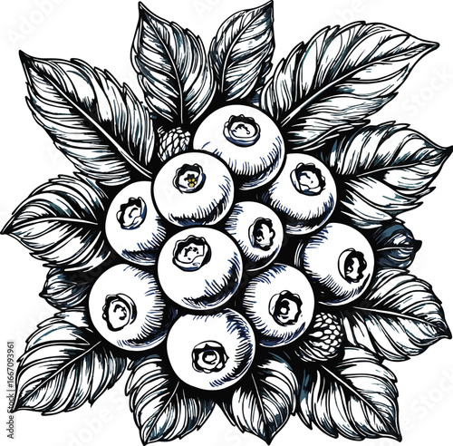 Blueberry cluster illustration, hand drawn thick lines, leaves and berries, decorative botanical vector, black and white 1