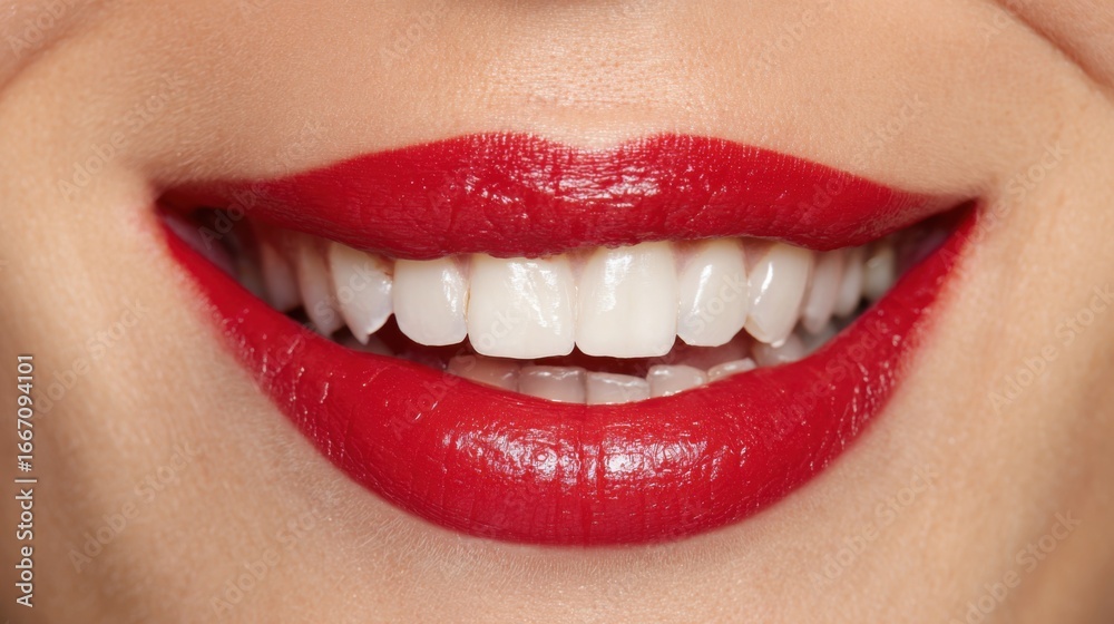 Obraz premium A close-up view captures a radiant smile adorned with striking red lipstick. The perfect white teeth complement the lively expression, showcasing joy and confidence.