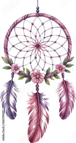A watercolor-style illustration of a dreamcatcher on a transparent background