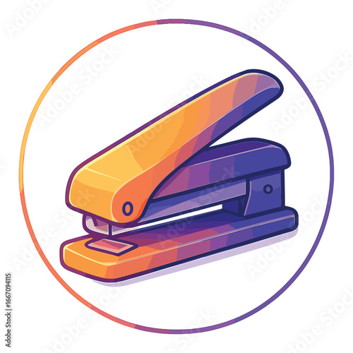 Stylized gradient icon of an orange stapler on a vibrant abstract background