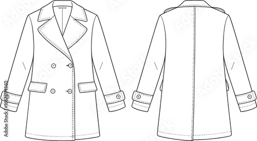 double breasted coat front and back view, fashion flat sketch, technical vector illustration, garment construction details, sewing pattern, clothing template, apparel design