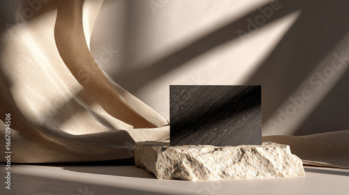 Black Business Card On Stone And Beige Cloth With Dramatic Sunlight