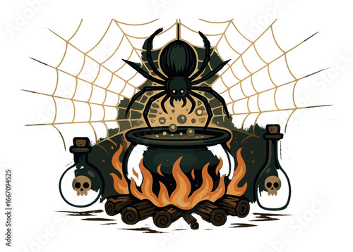 Mystical spider and bubbling cauldron in eerie webbed setting