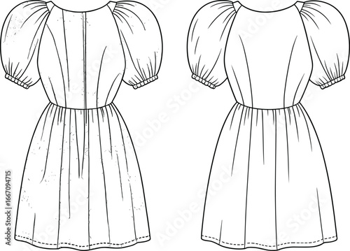 Front and back puff sleeve dress fashion flat sketch, gathered skirt, fitted bodice, technical cad drawing, garment construction vector illustration, sewing pattern design