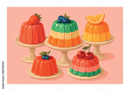 Colorful fruit gelatin desserts with various toppings on stands