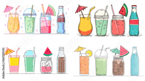 Hand-drawn watercolor illustration of assorted colorful drinks, cocktails, and soda bottles with ice cubes, straws, and fruit garnishes on a white background.