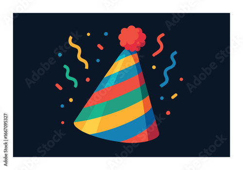Colorful party hat with confetti and streamers on black background