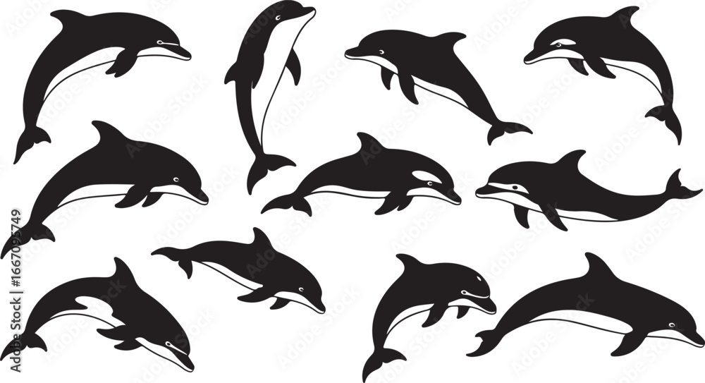 Naklejka premium Collection of Diverse Black Silhouette Dolphin Poses and Styles dolphins marine life