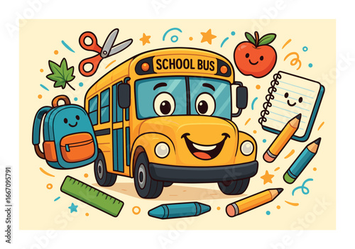 Cheerful cartoon school bus surrounded by school supplies for children