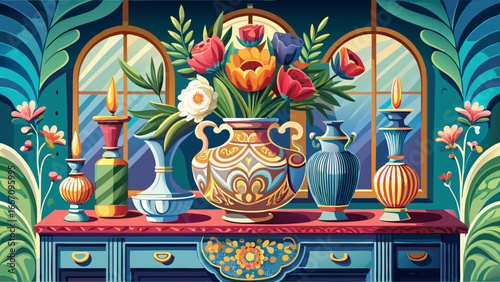 Artistic perspective on ornate vases of 4K HDR flowers atop console table, chic and sophisticated centerpiece, semi-realistic vector abstraction blending refinement, color, and timeless floral grace.