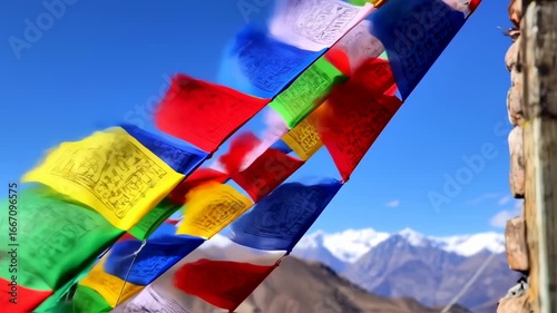 Vibrant Prayer Flags Wave in the Wind Against a Majestic Snow-Capped Mountain Range