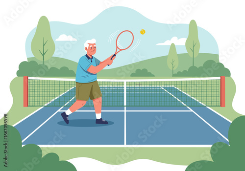 Senior man playing tennis on court, enjoying an active lifestyle in a vibrant outdoor setting