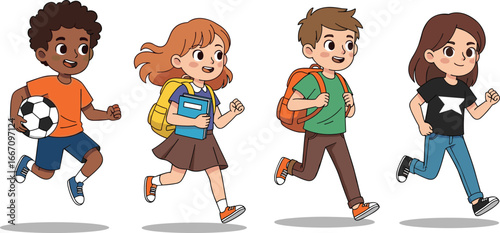 PrintHappy cartoon children running with school items and sports ball, diverse kids in motion, education and playtime activity vector illustration