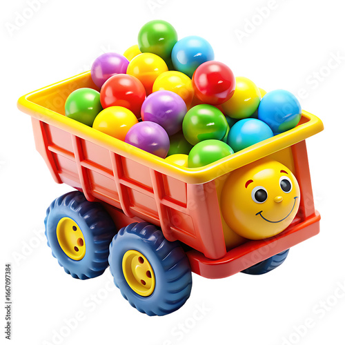 Toy Dump Truck Filled with Smiley Face Balls Isolated on White