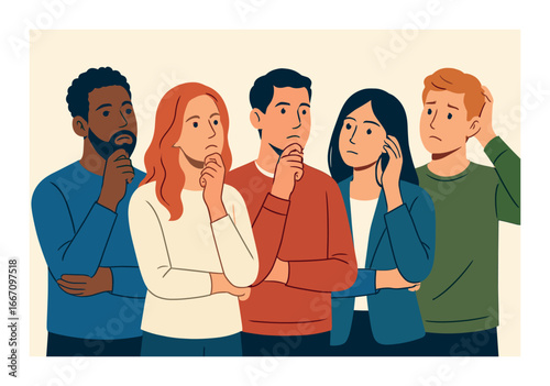 Diverse group of thoughtful adults in discussion