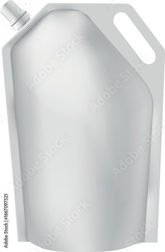 Pouch up flexible bag mockup with white spout lid on the corner and handle, vector realistic 3D foil doy-pack package