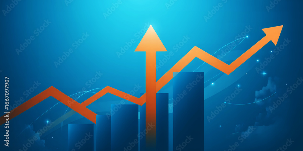 Fototapeta premium Orange arrow pointing upwards over blue bars on a blue background with small stars