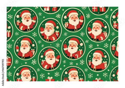 Santa claus pattern with gifts and snowflakes on green background
