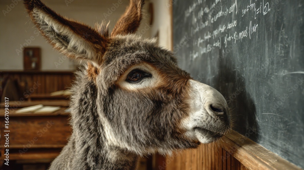 Obraz premium A donkey stands close to a chalkboard in a rustic classroom, seemingly inspecting the writings on the board. The room has wooden furnishings and a nostalgic atmosphere.