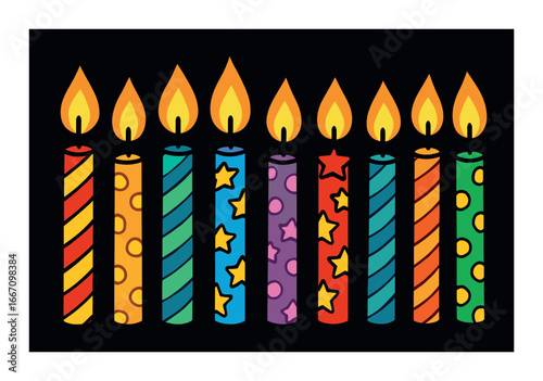 Colorful birthday candles in various patterns with flames on black background