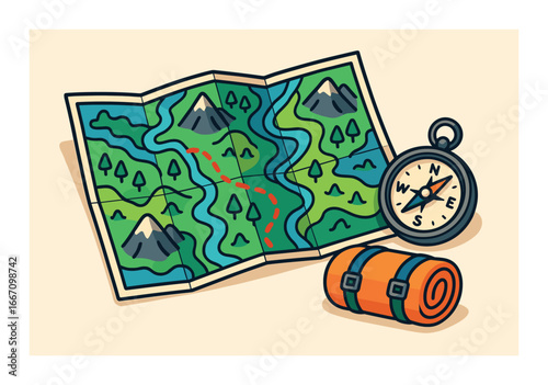 Illustration of adventure map with compass and sleeping bag for outdoor activities