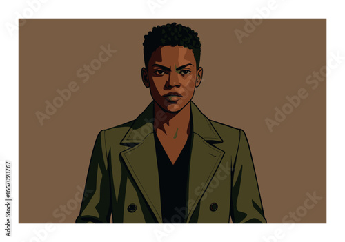 African male teen in green coat with serious expression on brown background