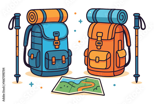 Colorful adventure backpacks with hiking poles and map