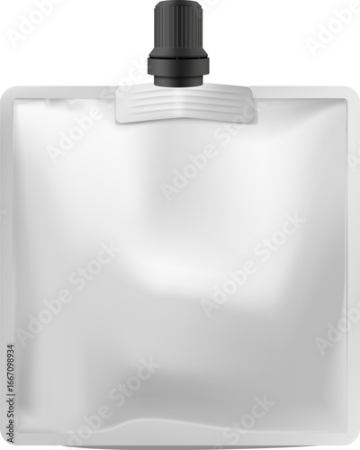 Pouch up bag mockup with black spout lid, vector realistic 3D doy-pack foil food or drink products package square shape