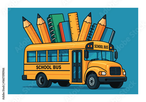 Yellow school bus filled with giant pencils and notebooks on blue background