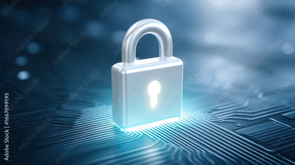 Fototapeta premium Modern Digital Lock with Bright Glow on Circuit Board Background, Symbolizing Security and Protection