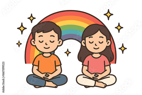 A smiling black child meditates in a flat design style, sitting cross-legged with eyes closed in a full-length illustration