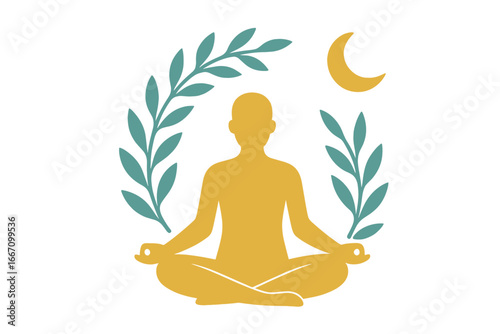 An illustration of a person meditating in the lotus position beneath a stylized tree represents spiritual development and wellness